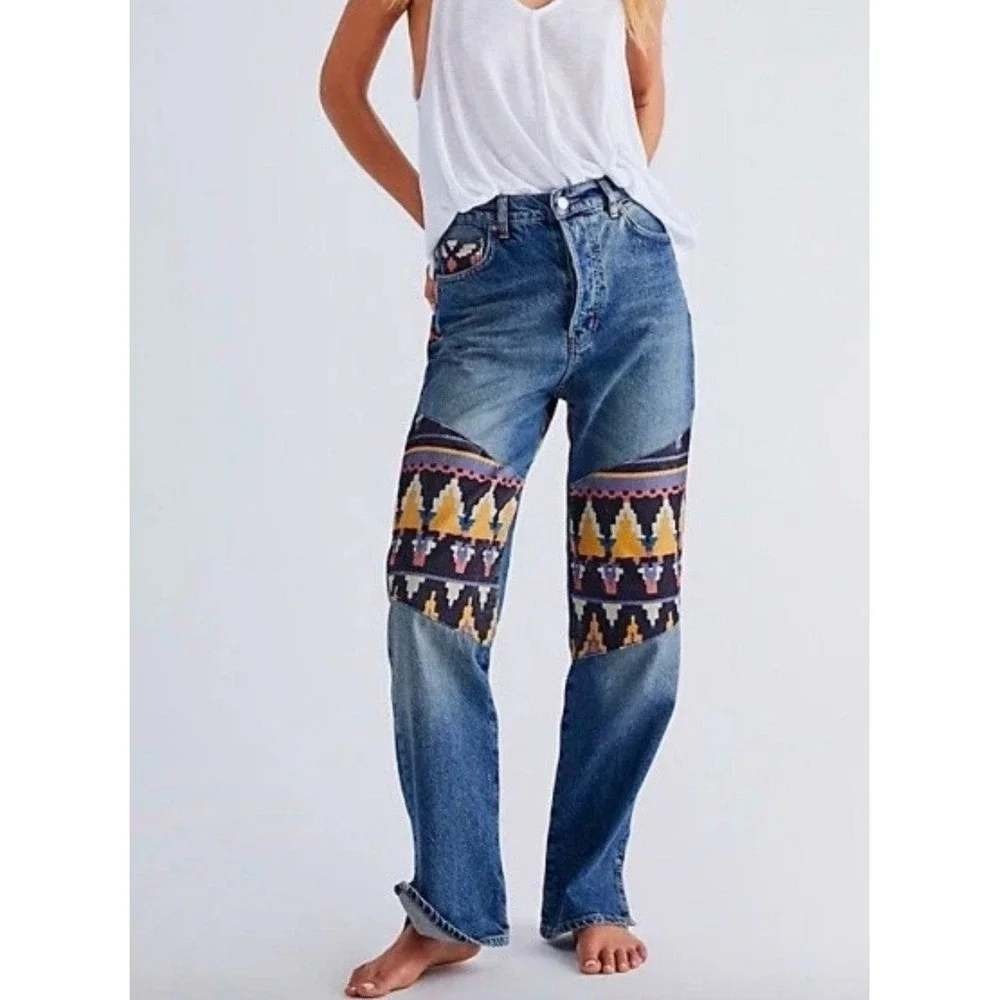 We The Free Jeans Womens Blue Tapestry Yoke Straight Leg Boho 25